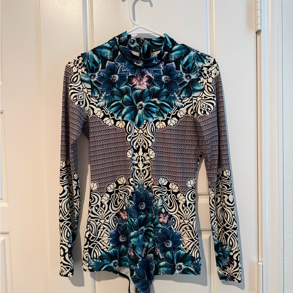 O'Neill Teal Floral Long-Sleeve Rash Guard One-Piece Swimsuit